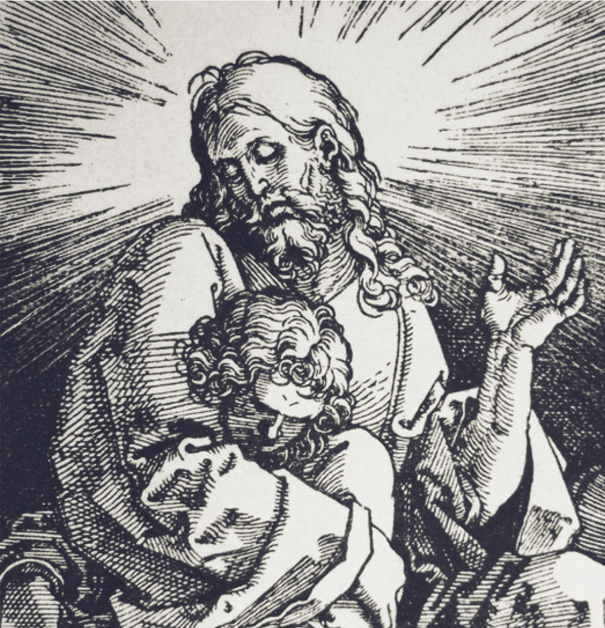 Detail from Balthasar’s ordination card: Dürer’s image of John reclining on Jesus’ breast at the Last Supper accompanied by the motto “Benedixit fregit deditque”